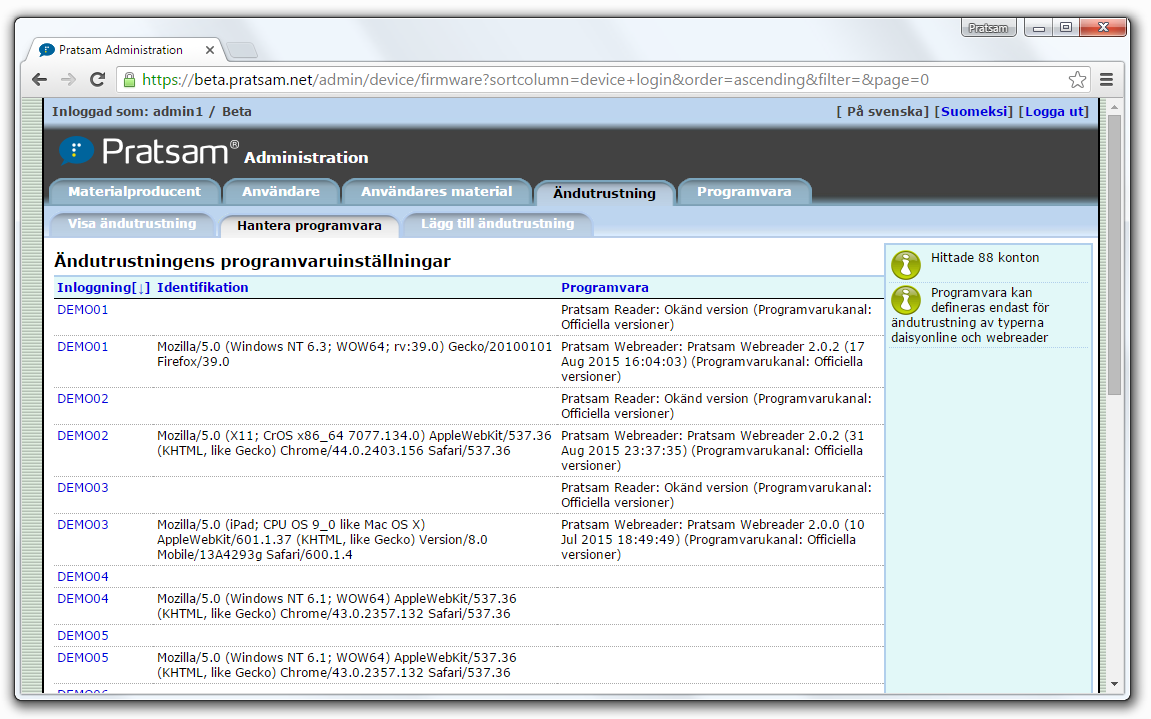 Pratsam Server admin - Client software logging
